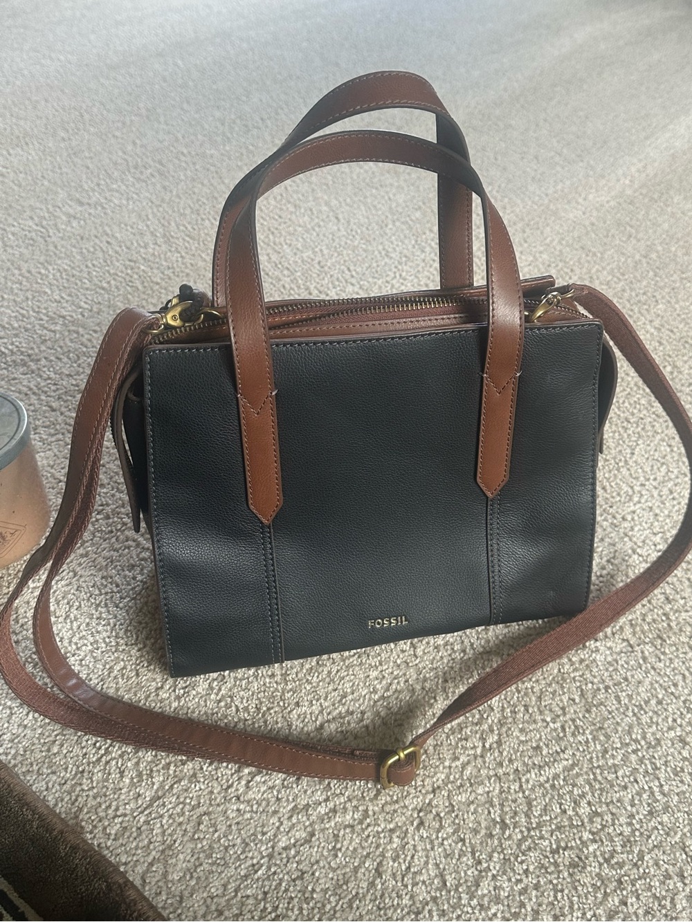 Fossil Black and Brown Leather Satchel Handbag